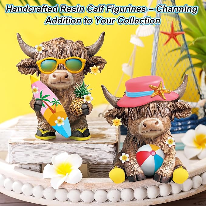Karenhi 2 Pcs Summer Highland Cow Decorations for Home, Beach Seaside Gnomes Figurines Resin Scottish Statue Gifts for Kitchen Office Tiered Tray Table Mantel Decor