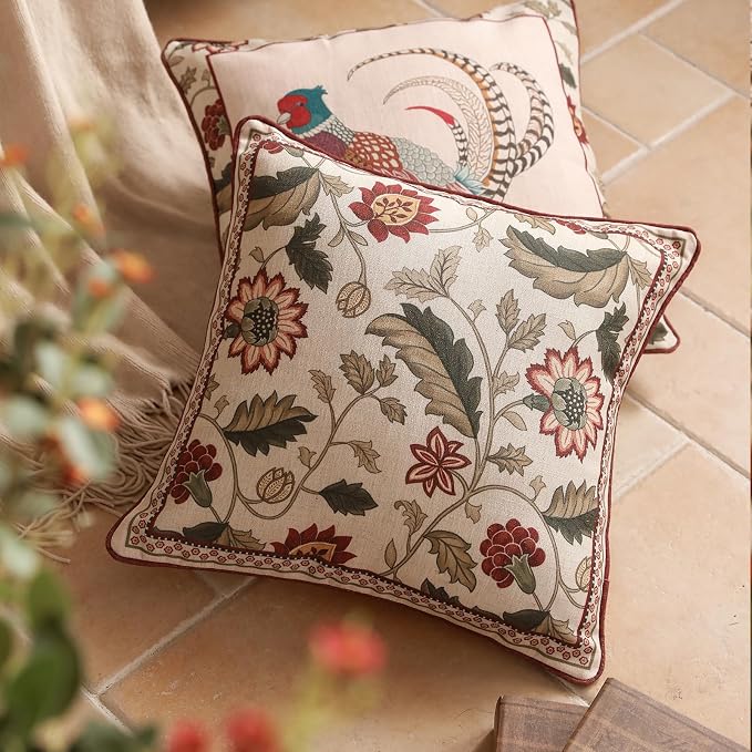 ISAENNE Designer Linen Square Throw Pillow Cover,Set of 2,18"x18"-Ratina A | Vintage French Elegant Pillow Cover,Concealed Zipper Design,Floral Pattern,Sofa,Bedroom,Living Room,Lounge Chairs