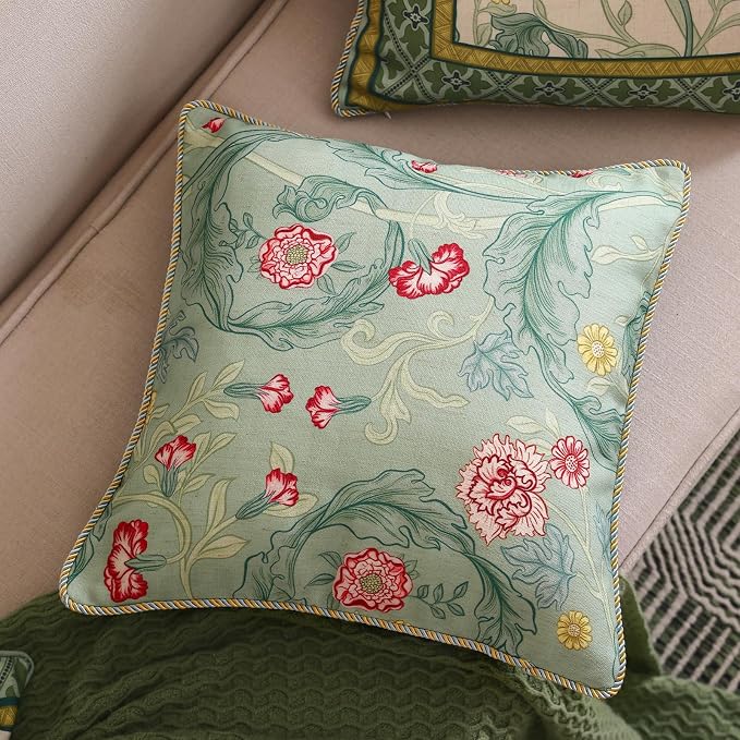 patdrea French Vintage Linen Throw Pillow Cover,18"x18",Set of 2-Cecilia B | Decorative Pillow Case with Zipper,Green Floral Pattern,Cushion Coverfor Couch Living Room Bedroom Sofa