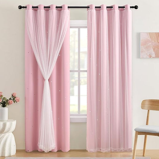 XiDi Light Pink Blackout Curtains for Girls Bedroom Living Room 63 Inches Long 2 Panels Noise Reducing Hollow Star Nursery Kids Curtains Thermal Insulated Room Darkening Grommet Window Drapes 34x63