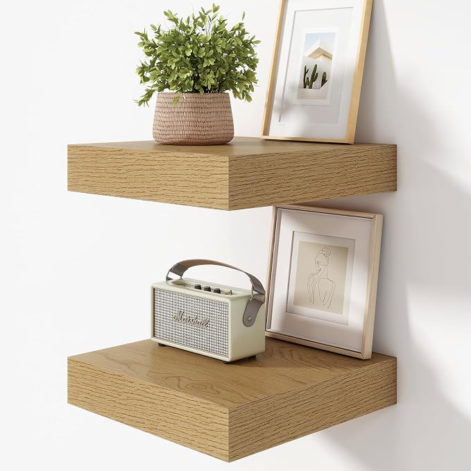 FLYJOE 12 Inch Floating Shelves, Oak Square Floating Shelves Set of 2, 12''W x 12''D Wood Shelves for Wall, Deep Shelves for Bathroom Living Room, Engineered Wood, Mounting Hardware Included