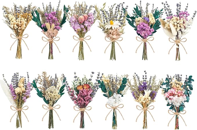 12/24PCS Handmade Dried Flower Bouquet with Stems Natural Dried Wildflowers 7.5 Inch Mini Dry Flowers for Vase Farmhouse Decor, Wedding Styling, Photography Props, Gift DIY(12pcs, Lavender)