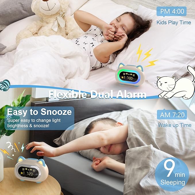 ANALOI Alarm Clock for Kids, Kids Alarm Clocks for Girls with Sleep Training Dual Alarm Eye Protection Auto Off Timer 10 Color Night Light, Cat Ok to Wake Clock, Gifts for Kids Girls