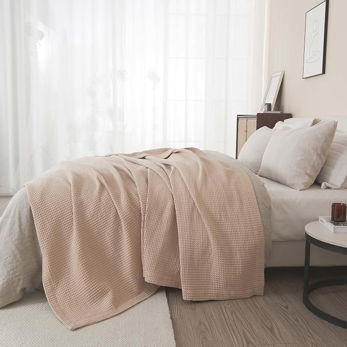 100% Cotton Taupe Blanket Twin Size for Bed - Breathable and Soft, Waffle Weave for Summer Spring, 90x66 Inches