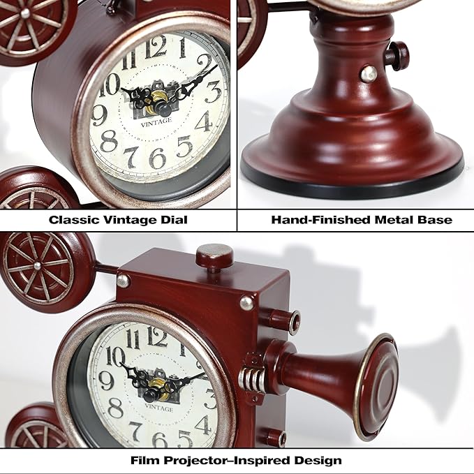 AYRELY® Vintage Industrial Film Projector Mantel Clock, Battery Operated Metal Shelf & Table Clock, Retro Home Décor Gift for Film Lovers, Living Room, Fireplace & Media Room