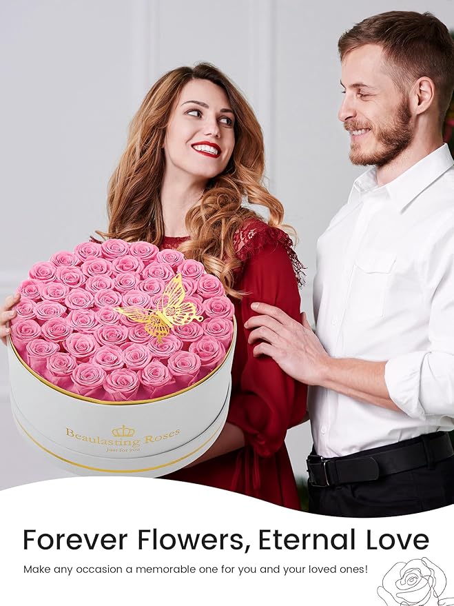 47 Preserved Roses Forever Flowers Real Roses in a Box Mother's Day Birthday Flowers for Her Mom Women Wife Valentine's Day, Pink Roses