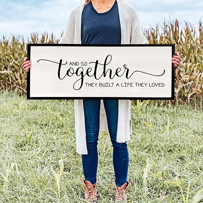 Surfapans And So Together They Built A Life They Loved Wall Decor 40”X15” Large Framed Farmhouse Wood Sign for Bedroom Above Bed Living Room Over Bed Wall Art Modern Hanging Decoration (Black)