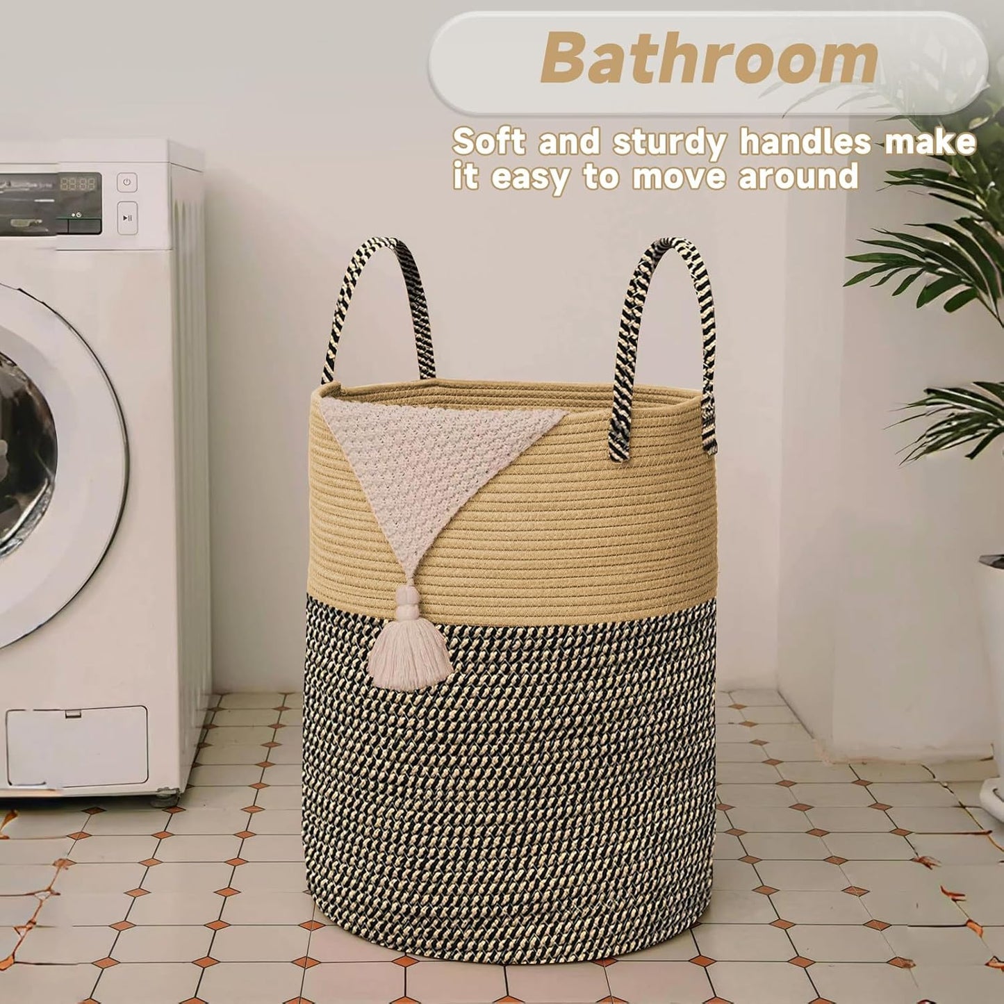 Large Woven Laundry Basket Hamper,100L Cotton Rope Storage Bin for Blankets,Toys and Clothes,Decorative Tall Nursery Hamper for Living Room,Baby Nursery,Bathroom and Bedroom,Brown and Black