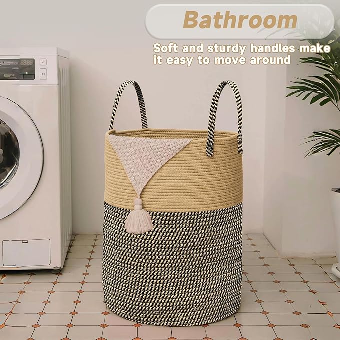 JMvicyroam Large Woven Laundry Basket Hamper,80L Cotton Rope Storage Bin for Blankets,Toys and Clothes,Decorative Tall Nursery Hamper for Living Room,Baby Nursery,Bathroom and Bedroom,Brown and Black