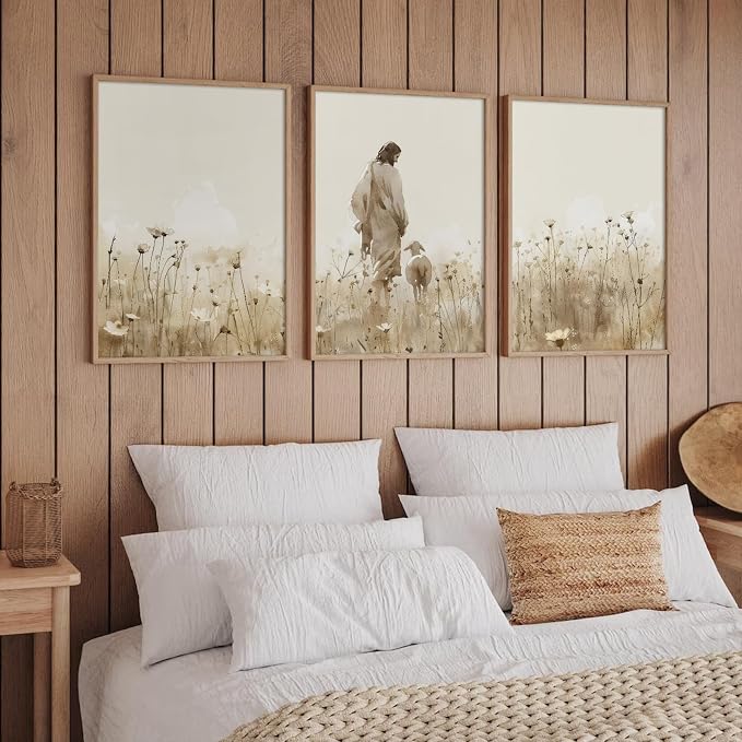 Jesus Leaves the 99 Sheep Wall Art Christian Canvas Poster Jesus and Lamb Wall Decor Religious Pictures Lost Sheep Painting God Christ Painting Artwork for Bedroom Living Room 16x24x3 Inch Unframed