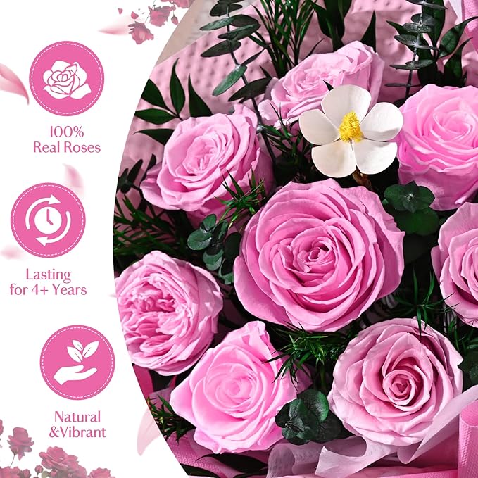 Forever Rose Flowers for Delivery, 8-Piece Preserved Roses Bouquet Birthday Gifts for Women, Long Lasting Purple Roses with Gift Box for Mom, Forever Flowers with Vase for Her Wife Girlfriend