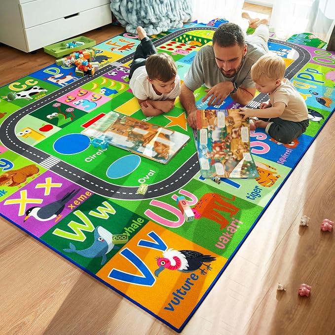 HOMORE Kids Rug, 9x12 Large Educational Rugs for Classroom Kids Collection ABC Rug for Learning Alphabet, Numbers, Colors, Season and Animal Words, Play Rugs for Playroom,Green