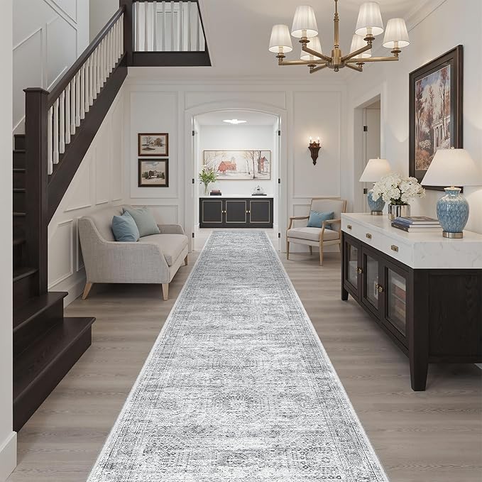Soalmost Runner Rug 2'6" x 14' Washable Non-Slip Runner Rugs for Kitchen Bathroom Laundry Room Vintage Ultra Thin Runners for Hallway Entryway Grey