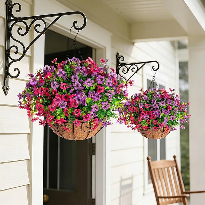 HyeFlora 2 Set Artificial Outdoor Flowers Hanging Basket, Faux Hanging Plants for Outside Spring Decoration, Fake Silk UV Resistant Look Real Daisy for Porch Patio Home Decor