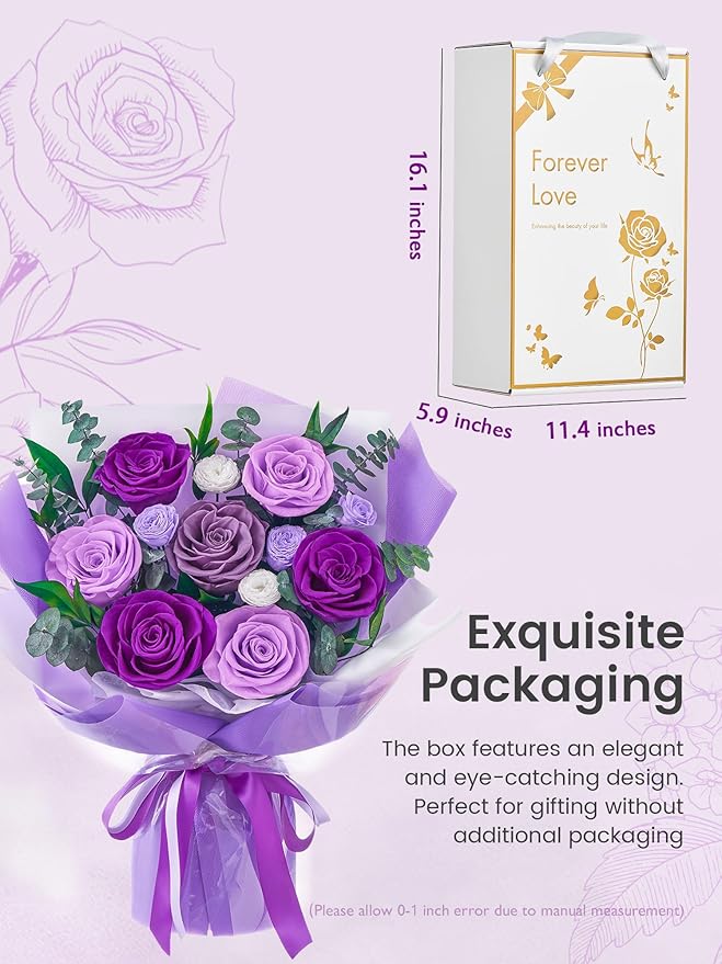 Polylove Flowers for Delivery Prime Forever Flowers Bouquet Preserved Roses Bouquet Flower Gift for Women Wife Mother Day Graduation Birthday (Purple, Medium)