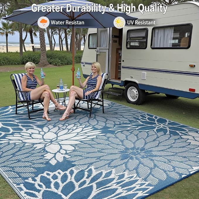 HUGEAR 5'x8' Outdoor Rug Waterproof Plastic Straw Rugs Blue Reversible Floral Mat Floor Carpet for Camping RV Deck Entryance Porch Picnic Balcony Beach Backyard