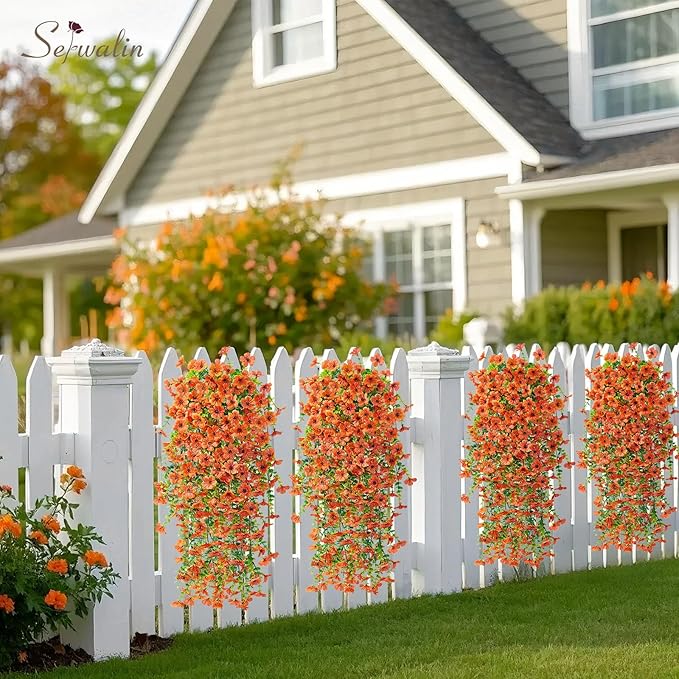Serwalin 4PCS Artificial Fall Flowers for Outdoors Decoration, Realistic Silk Artificial Fall Hanging Flowers for Patio, Garden, Porch, Window, Outside (Orange,8PCS)