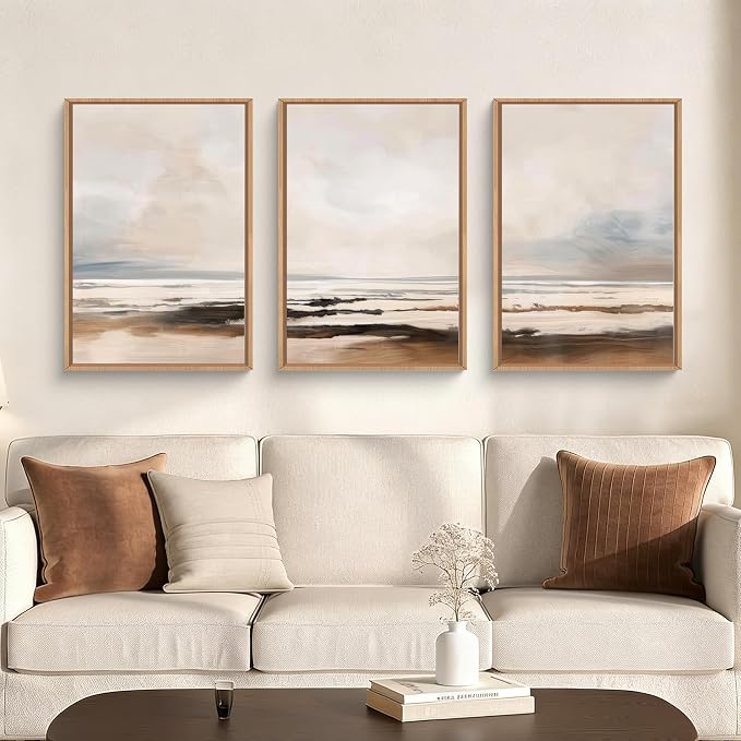 HOURIA Large Neutral Abstract Gray Framed Wall Art Set,Minimalist Modern Beige Brown Landscape Wall Decor,Wilderness Filed Artwork,Watercolor Misty Lake Print for Living Room,Bedroom,Office-16 x24 x3
