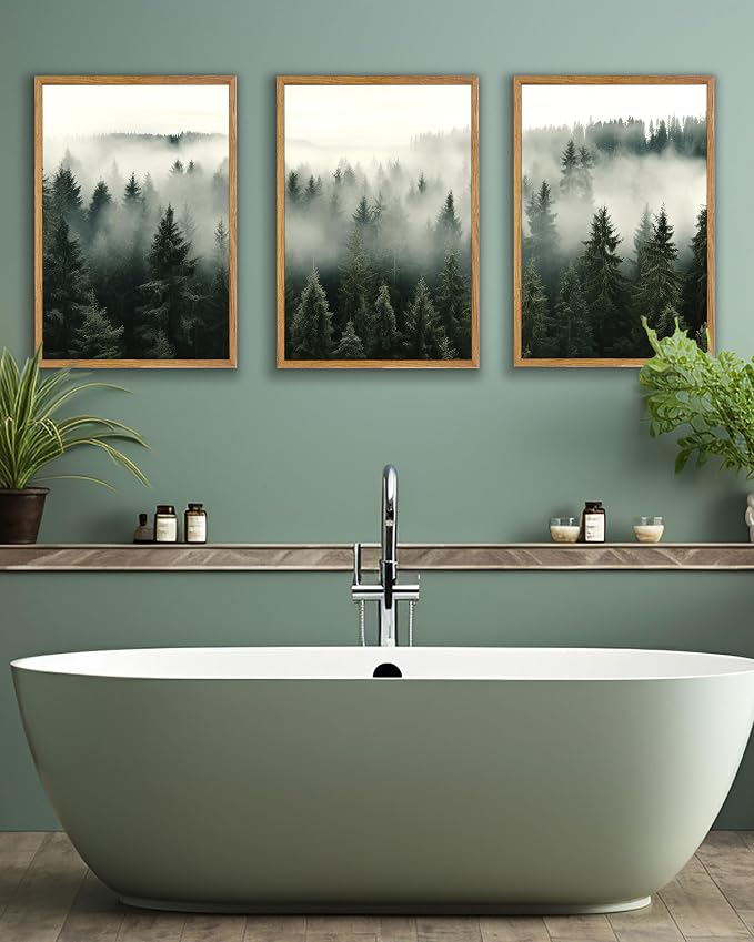 UPWOIGH Foggy Forest Framed Wall Art, 16 x 24 Inch, Set of 3 | Misty Evergreen Forest Triptych Prints, Moody Nature Design, Warm Wood Frames for Bedroom, Office and Living Room
