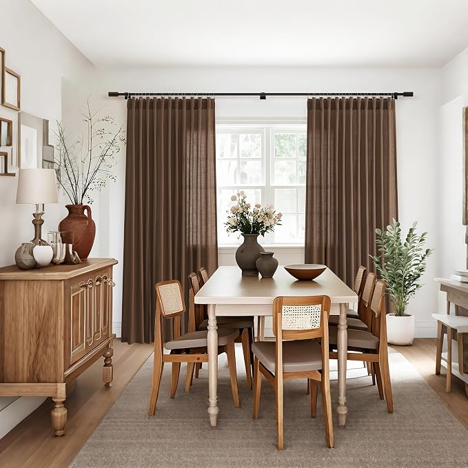 Jowels Caramel Brown Linen Curtains 84 Inch Long 2 Panels for Living Room | Light Filtering Semi Sheer Curtain, Back Tab Pocket Pleated Look, Boho Farmhouse Textured Privacy Drapes for Bedroom Window
