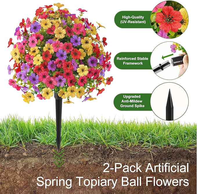 Alupssuc 2Pcs 20" Artificial Topiary Ball Flowers For Outdoors Planters, Spring Decoration with Spike, UV Resistant Faux Summer Plants, Fake Bushes Indoor Decor, Mix 4 Colors for Garden, Porch & Patio