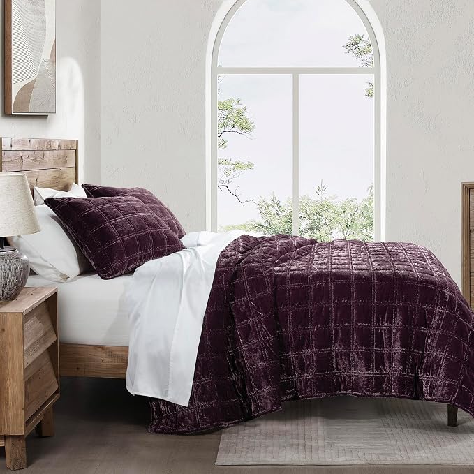 HiEnd Accent Stella Faux Silk Velvet Double Box Stitch 3 Piece Quilt Set, Queen Size, Dark Violet Solid Color, Classic Chic Modern Rustic Elegant Bedding Set, Lightweight Bed Set