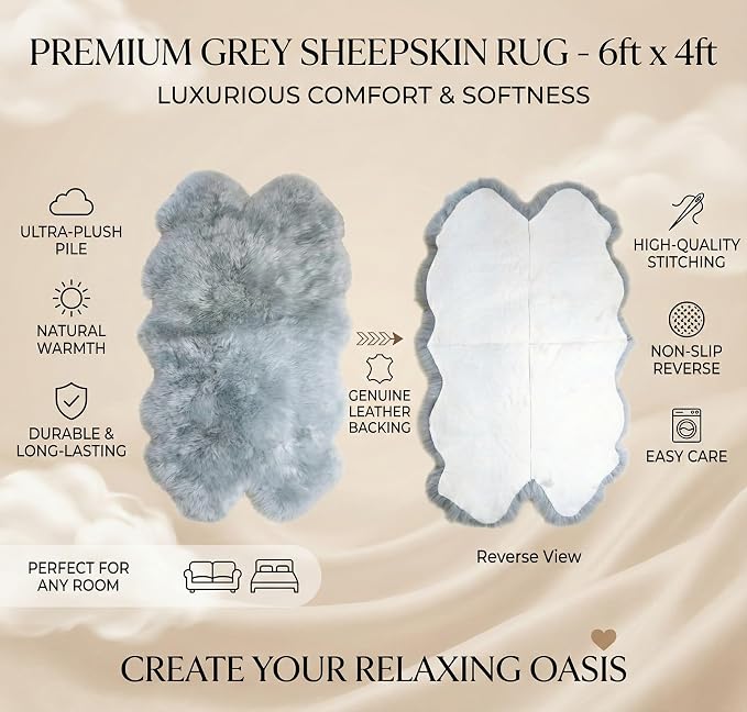 Woolous Gray Sheepskin Rug 4x6 ft Genuine New Zealand Quad Pelt Area Rug | Natural real sheep skin rug, soft fluffy fur carpet for nursery decor, bedroom, living room floor, large 4 pelt sheepskin rug