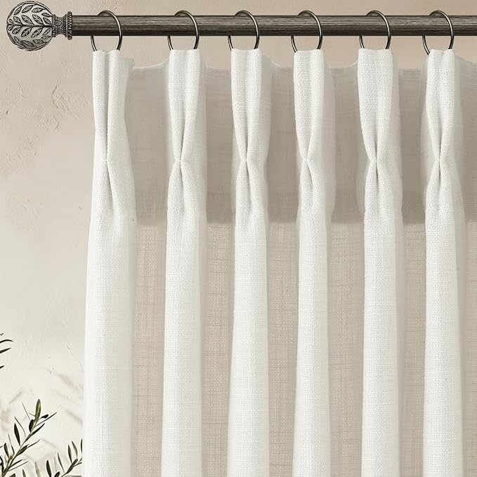 Pinch Pleated Linen Curtains 92 Inch, 2 Panels Premium 400GSM Memory Trained Semi Sheer Light Filtering Window Drapes for Living Room Bedroom Dining, Back Tab & Adjustable Hooks Rings , Birch Natural