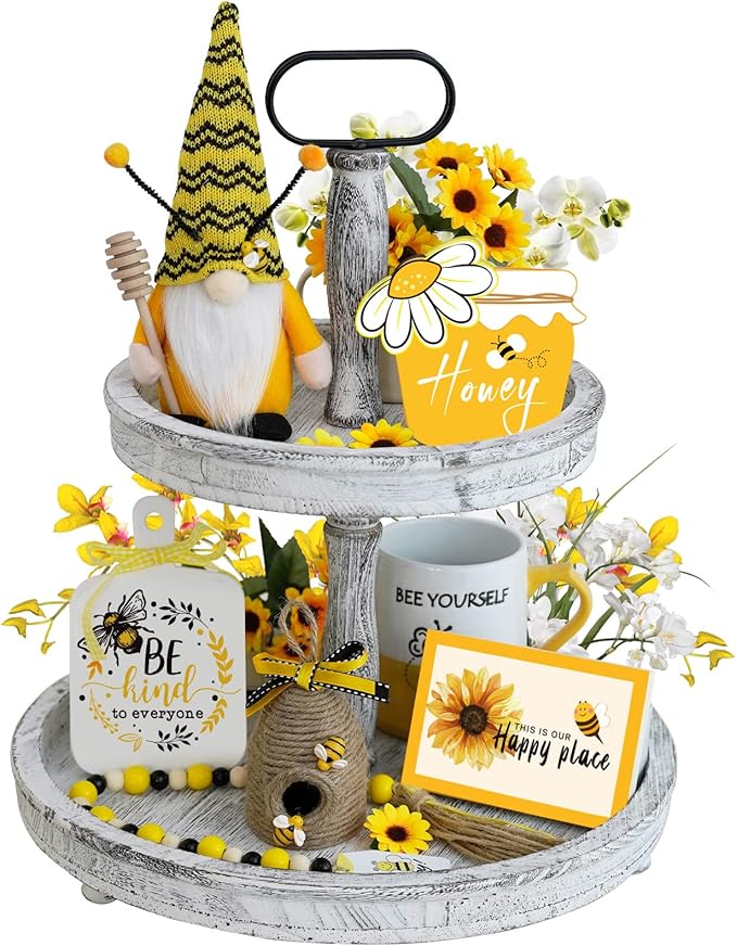 Bee Tiered Tray Decor Set, 6 Pcs Bumble Bee Farmhouse Kitchen Decor with Gnome, Honey Jar, Bee Hive, Wood Signs & Garland, Rustic Spring Decor Summer Countertop Coffee Bar Decorations