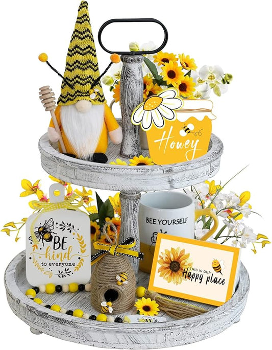 Bee Tiered Tray Decor Set, 6 Pcs Bumble Bee Farmhouse Kitchen Decor with Gnome, Honey Jar, Bee Hive, Wood Signs & Garland, Rustic Spring Decor Summer Countertop Coffee Bar Decorations