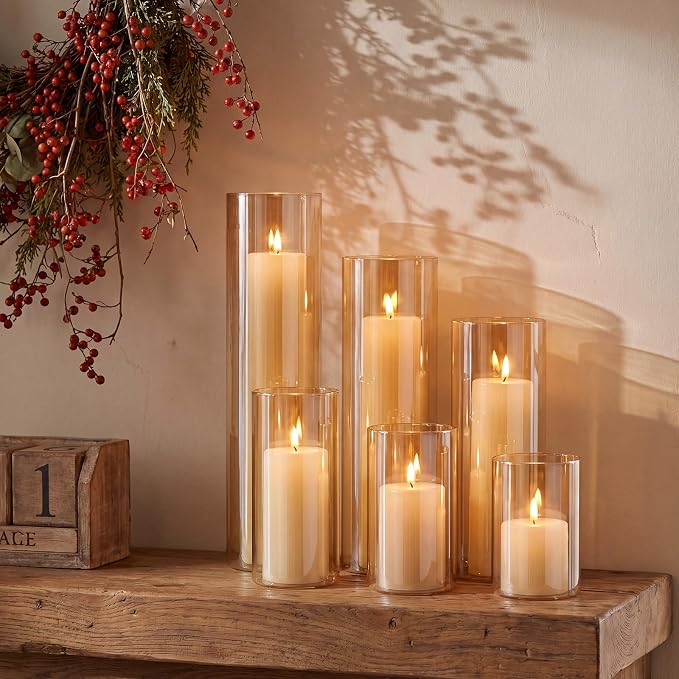 Shihanee Set of 6 Pillar Candles and Glass Cylinder Vases Assorted Sizes Cylinder Holders for Pillar Candles Home Table Centerpieces Wedding Party Decorations (Ivory，Amber)