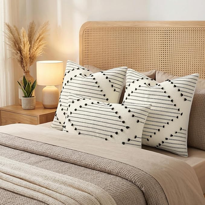 Mecatny Boho Summer Outdoor Throw Pillow Covers 18X18 Set of 2, Farmhouse Decorative Pillow Covers for Couch Sofa Living Room, Beige & Black
