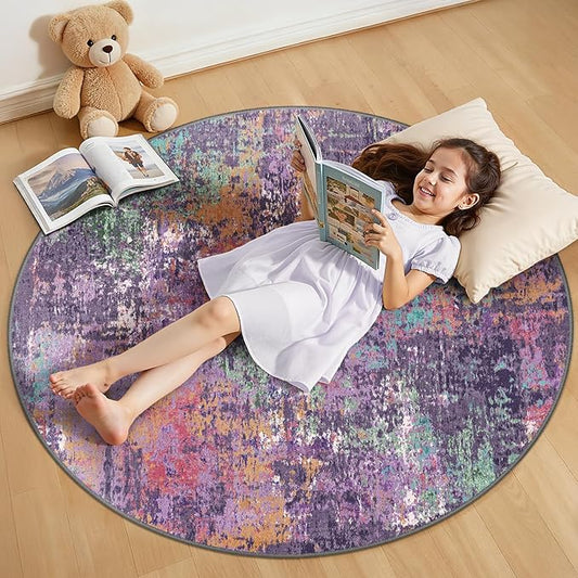 RELEANY Washable Area Rugs 4ft Non-Slip Modern Abstract Soft for Living Room Entryway Bedroom Nursery, Print Pattern, Purple Orange Blue Green Rust Red Colorful