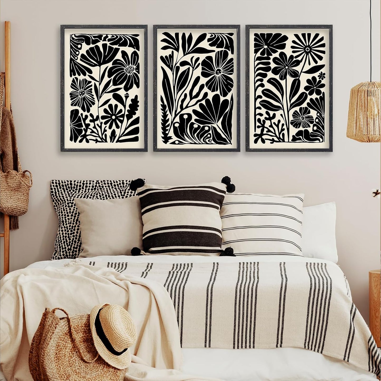 Abstract Floral Botanical Wall Art 16x11 Inch 3 Piece Black Vintage Boho Plant Flower Minimalist Wood Frame Sign Home Living Room Family Office Mid Century Print Wall Hanging Decor (Black)