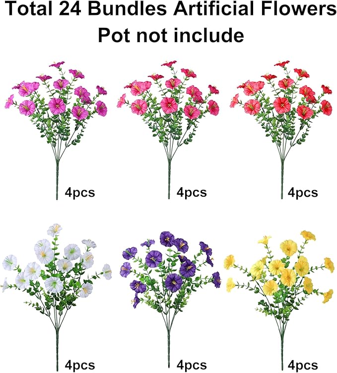 Ivydale 24 Bundles Artificial Flowers for Outdoors Spring Plants Outdoor Decor, Faux Silk Morning Glory Fake Flowers Bulk Petunias Realistic UV Resistant for Outside Porch Patio Window Garden Yard