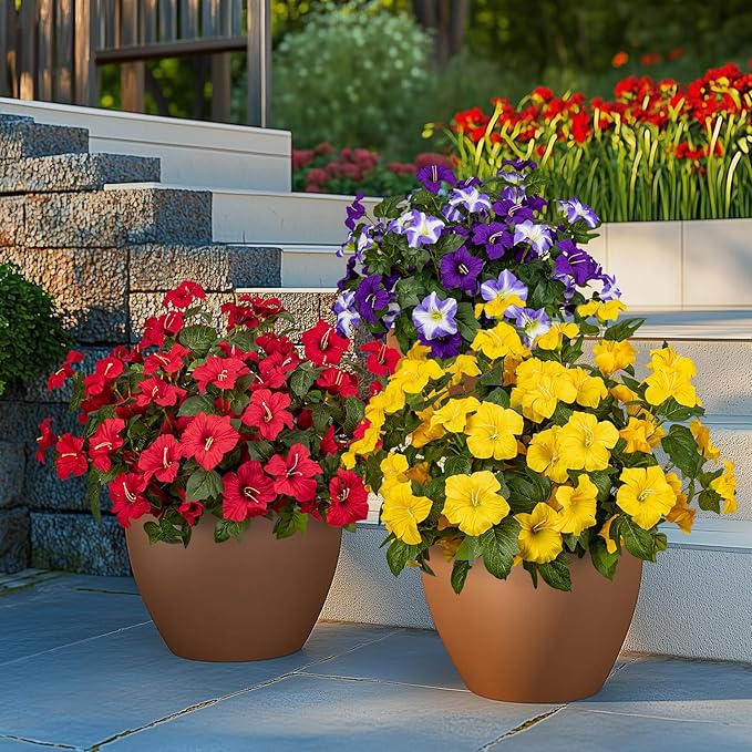 19 Inch Artificial Fake Flowers for Outdoor,4 Pcs Yellow Faux Silk Petunias Spring Flowers for Outside for Indoor Porch Planter Front Door Garden Patio Window Box Home Decor
