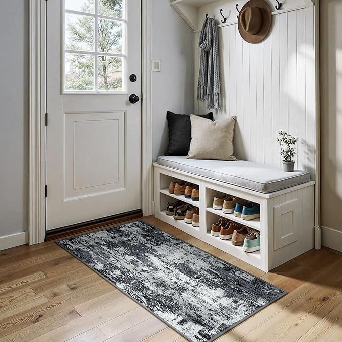 RELEANY Washable Area Rugs 2'x5' Non-Slip Modern Abstract Soft for Living Room Entryway Bedroom Nursery, Print Pattern, Black Navy Blue Gray