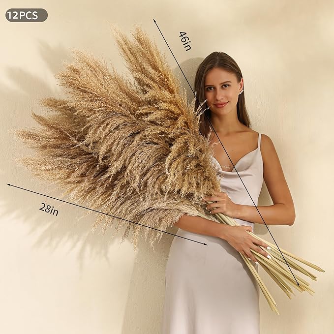 Wertuirk 12 Stems 46 inch Tall Pampas Grass Decor - Large Fluffy Dried Pompas Grass for Floor Vase - Rustic Wedding, Baby Shower, Party, Farmhouse, Boho Home Decor…