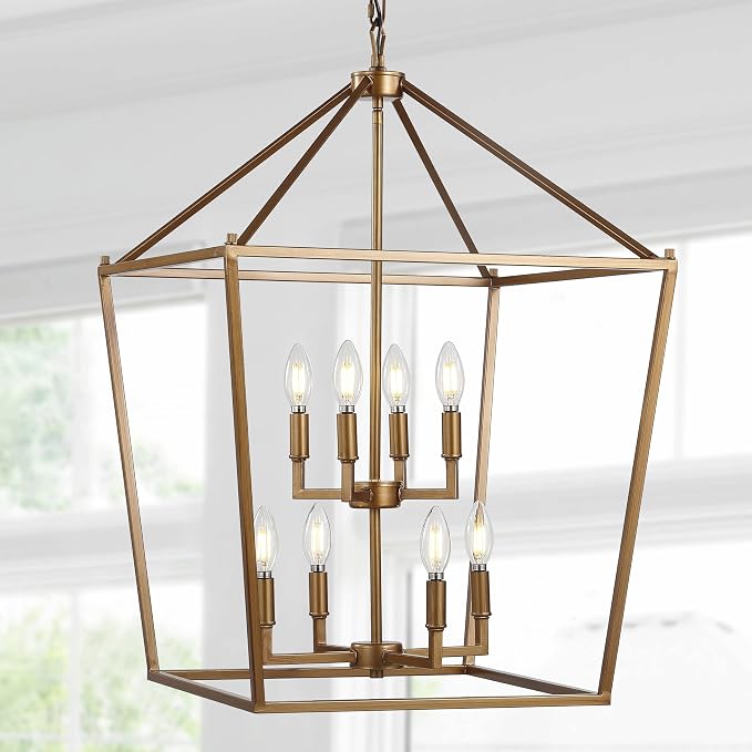 JONATHAN Y 20" Antique Gold Lantern Pendant Light, 8-Light Pagoda Style Metal Cage Farmhouse Hanging Ceiling Fixture for Kitchen Island, LED Bulb Included (JYL7438B)