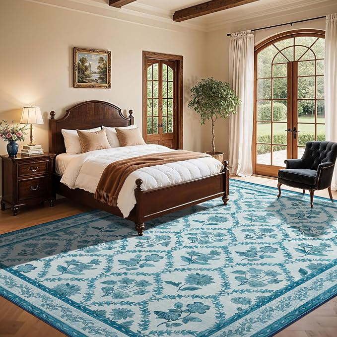 LIANLAM Checkered Rug 9x12 Area Rugs for Living Room - Stain Resistant & Non-Slip Backing Vintage Boho Floral Design Rug for Bedroom,Durable & Ultra-Thin Large Washable Area Rug(9x12,Blue)