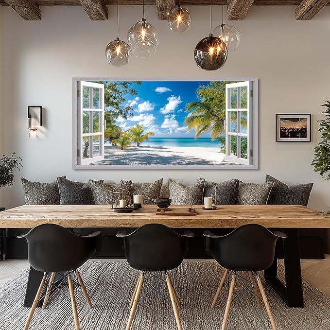 Ggaafet Tropical Beach Window Wall Art for Living Room Canvas Painting Prints Beautiful Palm Tree Art Deco Modern Artwork Office Bedroom Family Room Decor Extra Large