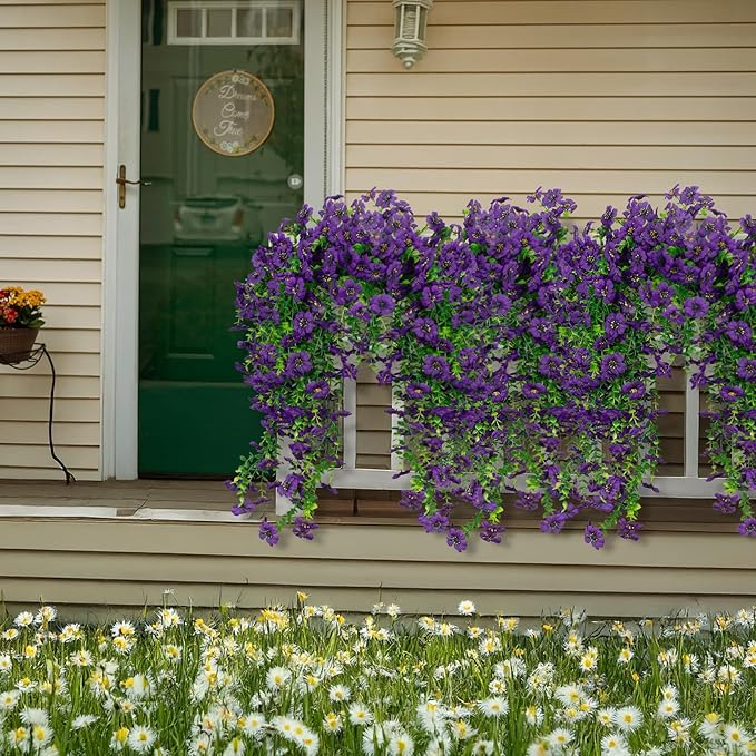 LikSoor 4 Pcs Artificial Outdoor Hanging Plants Spring Summer Decoration UV Resistant Faux Silk Flowers for Outside, Garden, Porch, Window, Home Decor (Purple+)