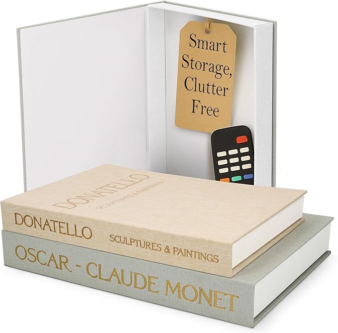 Decorative Books for Home Decor – Set of 2 Linen Faux Books & Fake Book Storage – Shelf, Coffee Table, Bookshelf, Entryway & Mantel Decor – Hidden Magnetic Keepsake Box