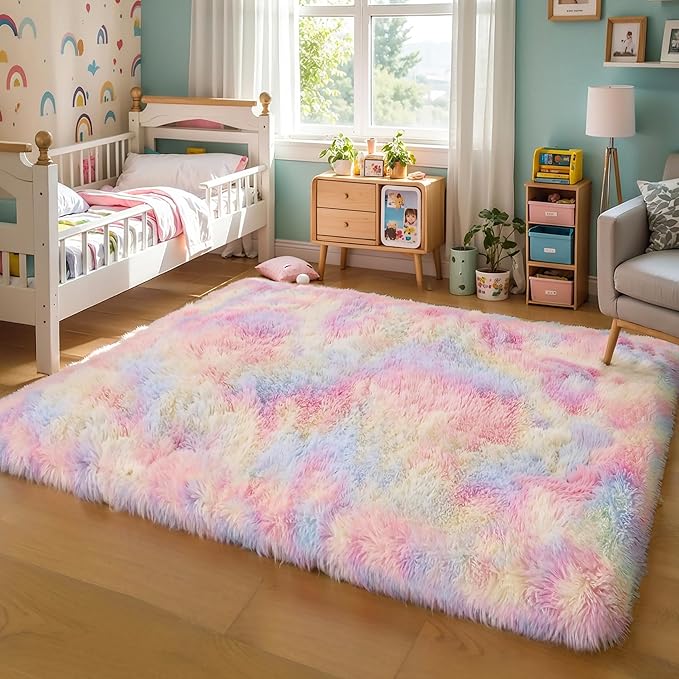 KICHOWUA Thick Area Rug 5x7 Rainbow Fluffy Shag for Girls Bedroom,Ultra Soft Unicorn Plush Fuzzy Washable Thickened Non-Slip Carpet, Pastel Furry Shaggy Rug for Living Room Kids Boys Nursery Dorm