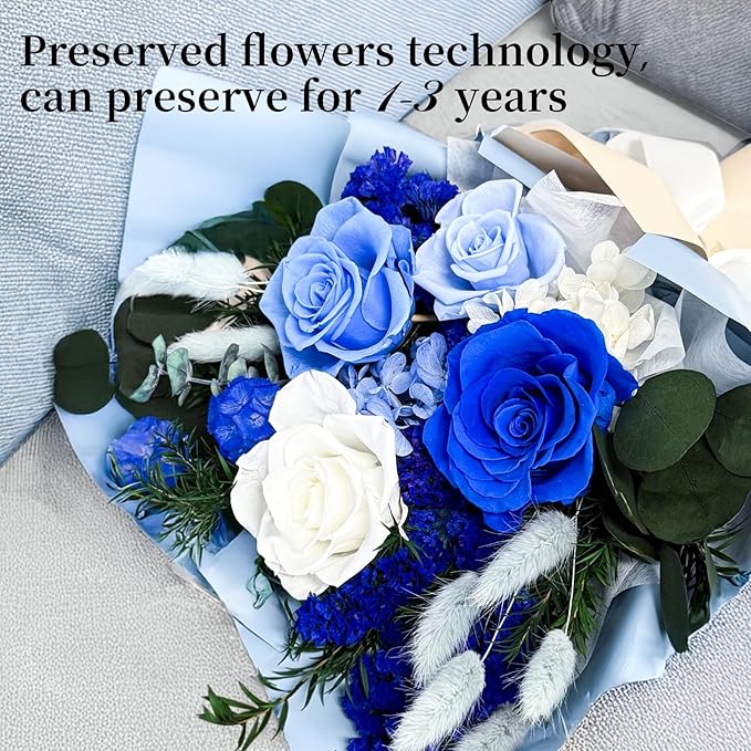 FNCHAI Preserved Roses Bouquet – Flowers for Delivery, Valentines Day Gifts for Him, Long-Lasting Romantic Real Roses for Anniversary, Graduation, Father’s Day & Beach Weddings (Blue)