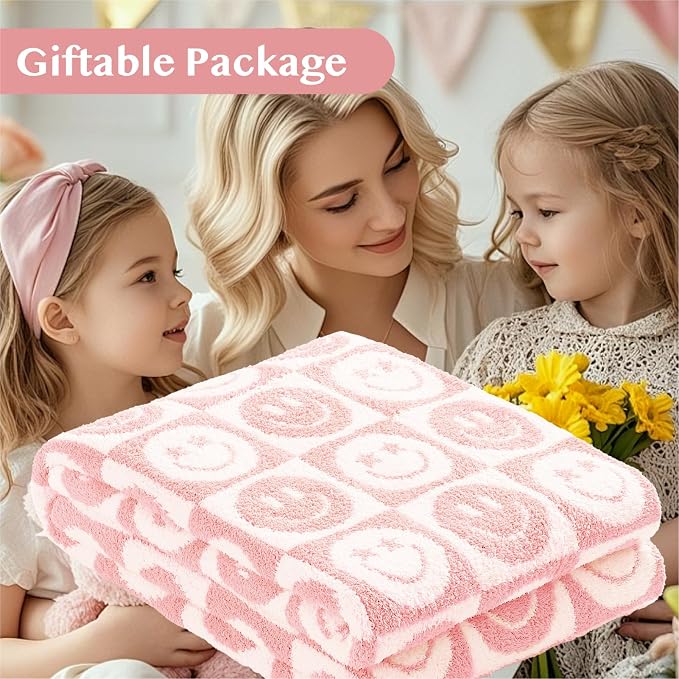 WRENSONGE Soft Checkered Throw Blanket for Couch-Cozy Warm Knitted Blankets | Lightweight Warm Fluffy Decor for Women, Mom, Her & Girls, Sofa, Chair, Bed, 50x60in,Blossom Smiling Face