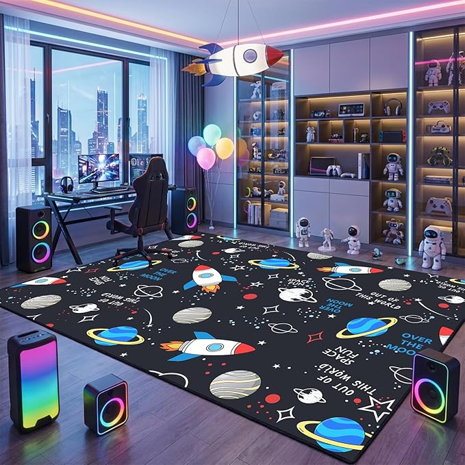 Space Rug 6x8 Feet, Solar System Kids Area Rug for Boys Bedroom Playroom, Non-Slip Outer Space Floor Mat with Planets Rocket Pattern, Educational Nursery Rug for Classroom