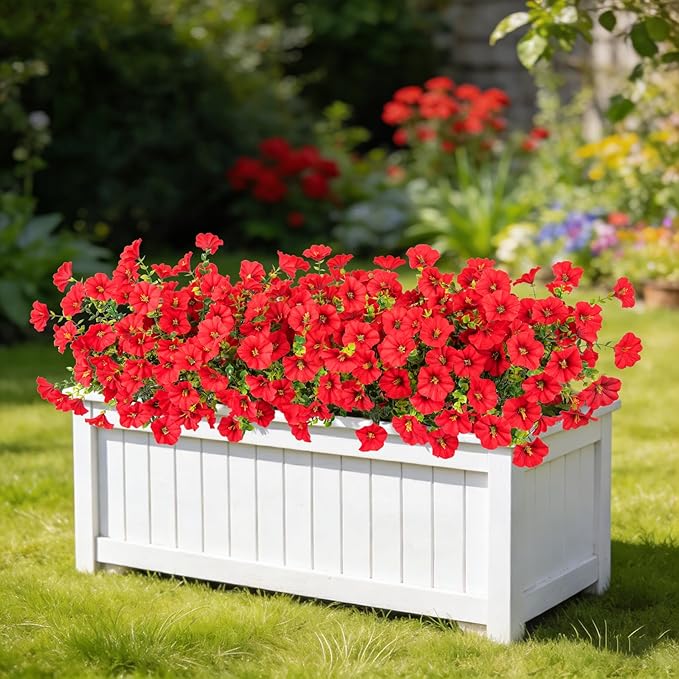 Ouddy Decor 24 Bundles Artificial Flowers for Outdoors, Fake Petunias Flowers Silk Morning Glory with Eucalyptus Faux Plants for Indoor Outside Spring Summer Yard Garden Porch Home Decor, Red