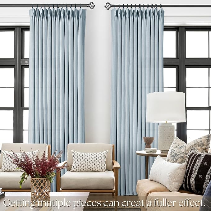 Greyish Blue Pinch Pleated Linen Curtains 63 Inch Length 2 Panels for Living Room Bedroom Textured Semi Sheer Drapes Pinch Pleat Rings Window Curtain 40x63