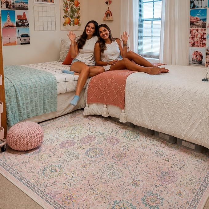 Lahome Pink Rug for Girls Bedroom 5x7, Soft Washable Floral Dorm Rug, Boho Non Slip Pastel Classroom Carpect for Dorm Room, Kids Room, Nursery and Playroom